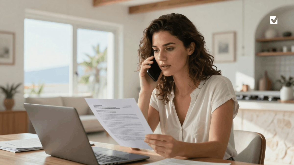 Εικόνα με μια γυναίκα που κρατά έναν λογαριασμό ενέργειας στο χέρι και μιλά στο τηλέφωνο.