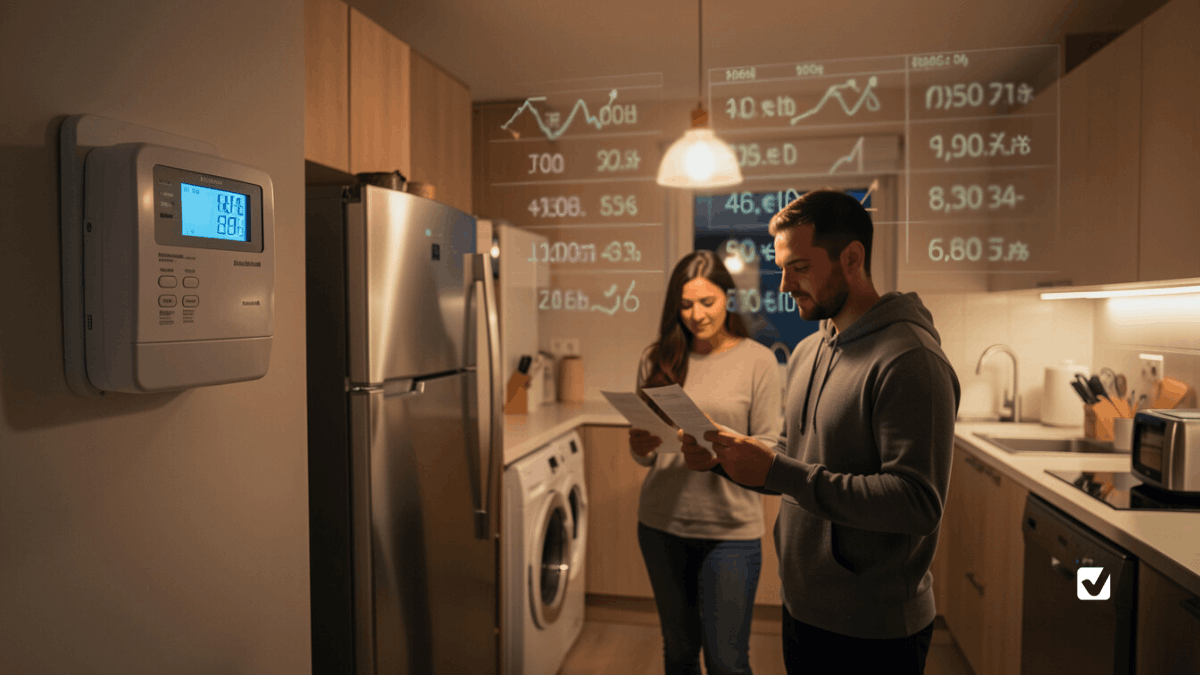 Εικόνα με ένα ζευγάρι που κοιτάει τον λογαριασμό και υπολογίζει το κόστος της ενέργειας