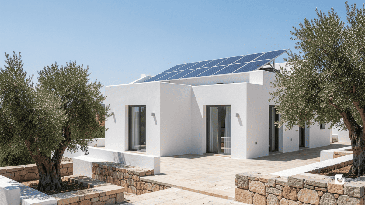 Εικόνα με ένα σπίτι με ηλιακά πάνελ