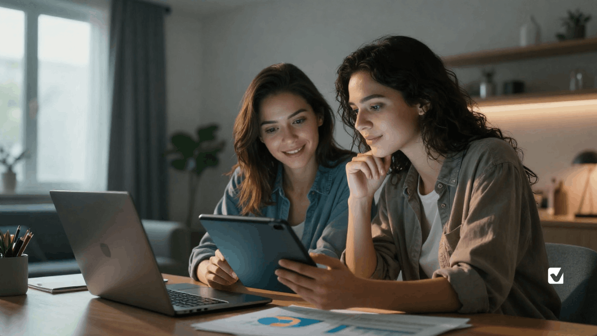 «Εικόνα με δύο γυναίκες που συμβουλεύονται τους λογαριασμούς και τις προσφορές των παρόχων ηλεκτρικής ενέργειας